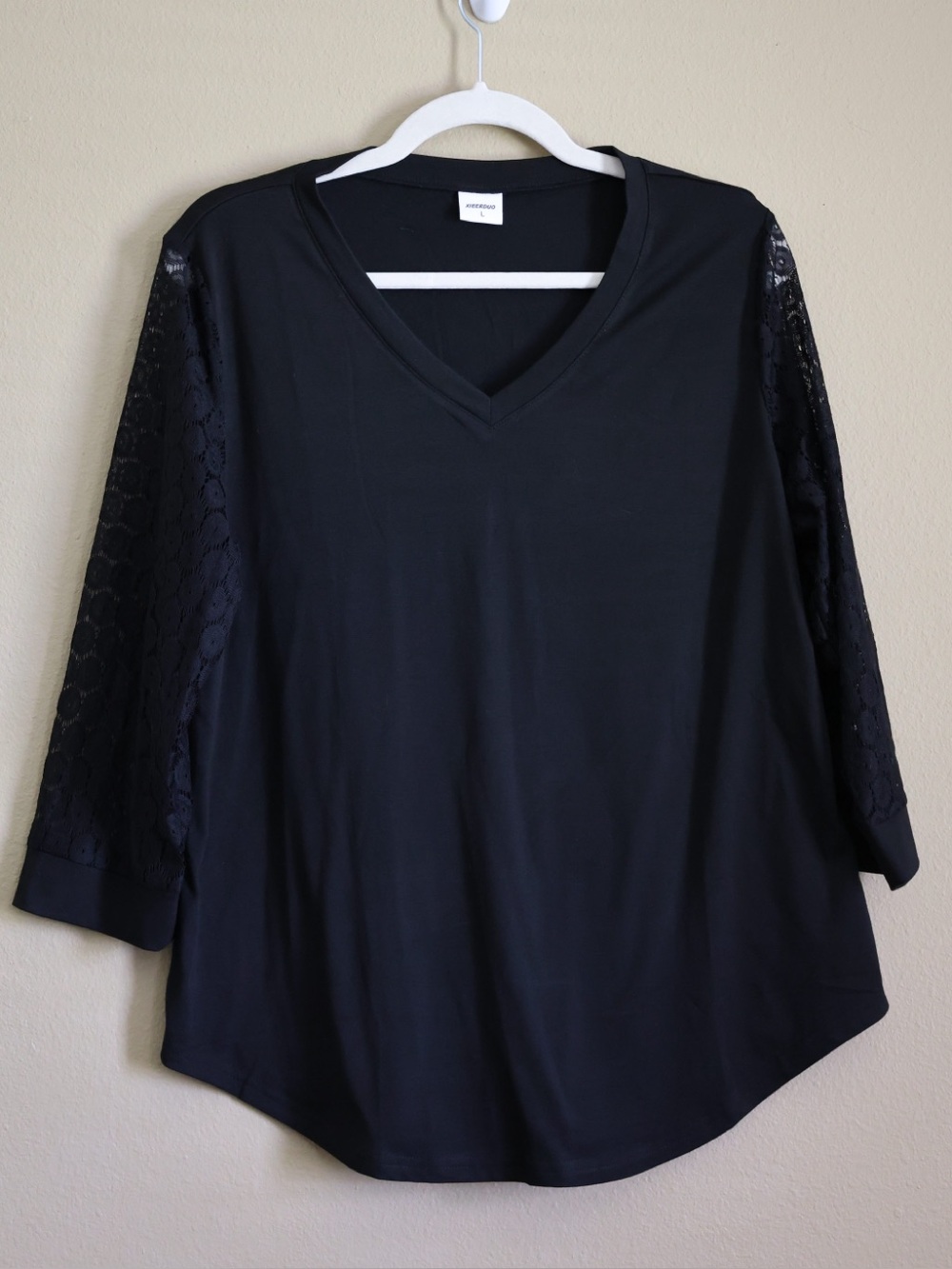 XIEERDUO Black V Neck Lace Sleeve Blouse Women’s Large